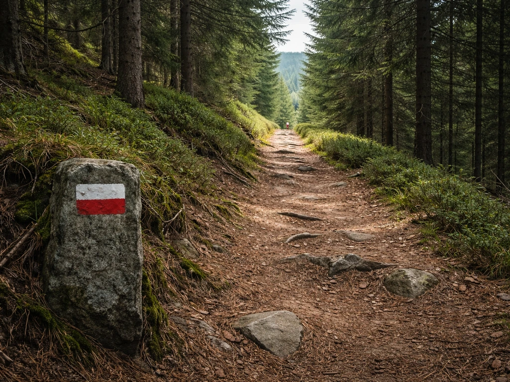 Sentier montant au Col de la Schlucht dans la forêt, avec balisage en rectangle et chemin vers les hautes-chaumes.