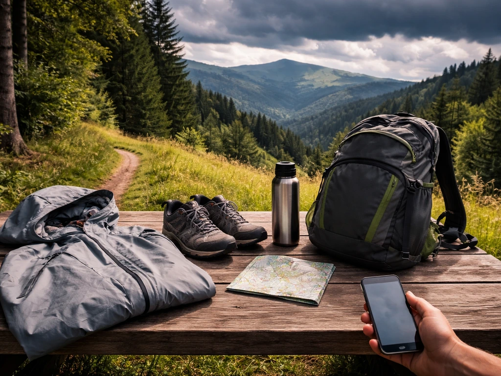 Équipement de rando vosgien (veste, chaussures, eau, smartphone) posé devant un paysage de col et de chaume.