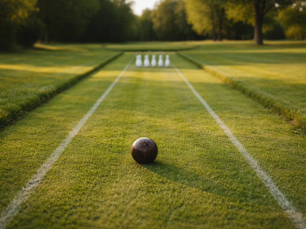 Boules de lawn bowls en action sur une pelouse verte en extérieur, quilles et couloir de jeu visibles.
