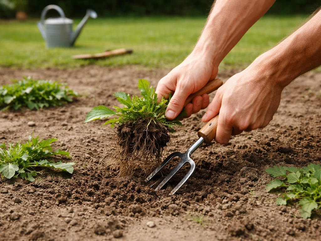 Mains avec une petite fourchette à désherber en train d’arracher des mauvaises herbes sur une future zone de jardin.