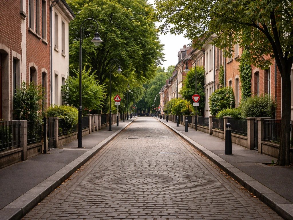 Rue résidentielle à Strasbourg (Cronenbourg) avec façades et trottoir, perspective vers le fond.