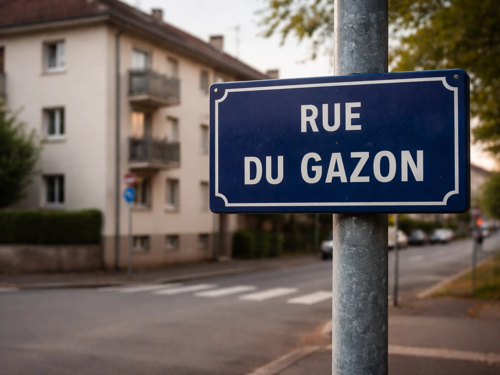 Panneau de la « Rue du Gazon » à Strasbourg, devant des bâtiments du quartier Cronenbourg.