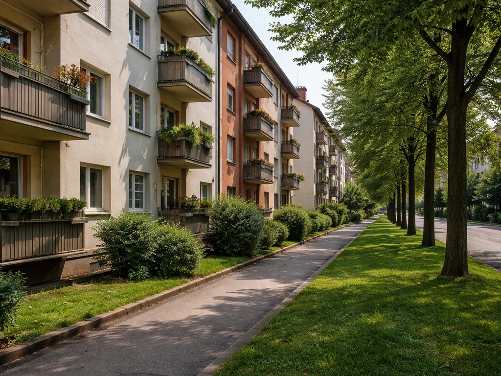 Rue résidentielle calme à Cronenbourg, immeubles et verdure le long du trottoir, sans personnes.