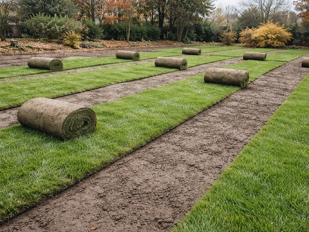 Pelouse fraîchement plantée en novembre, rouleaux de gazon sur un sol encore visible, jardin d’automne en arrière-plan.