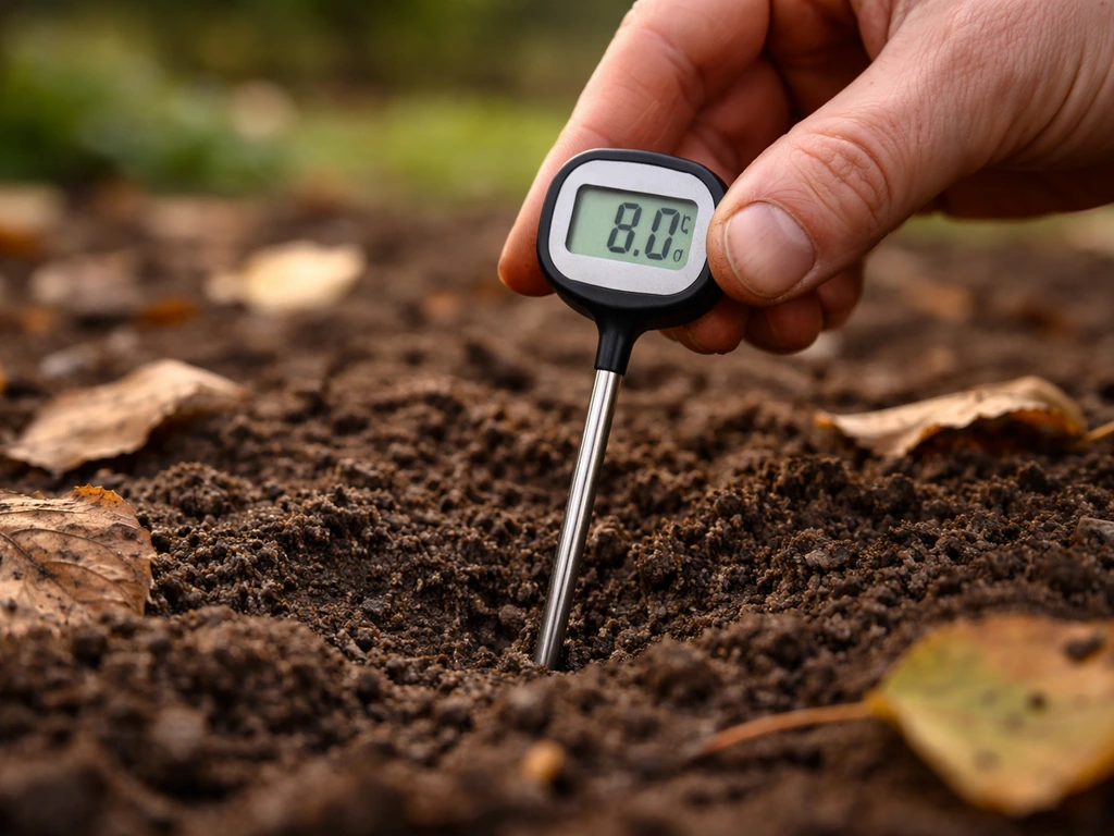 Thermomètre de sol inséré à 5 cm dans la terre, indiquant environ 8 °C, en conditions automnales.