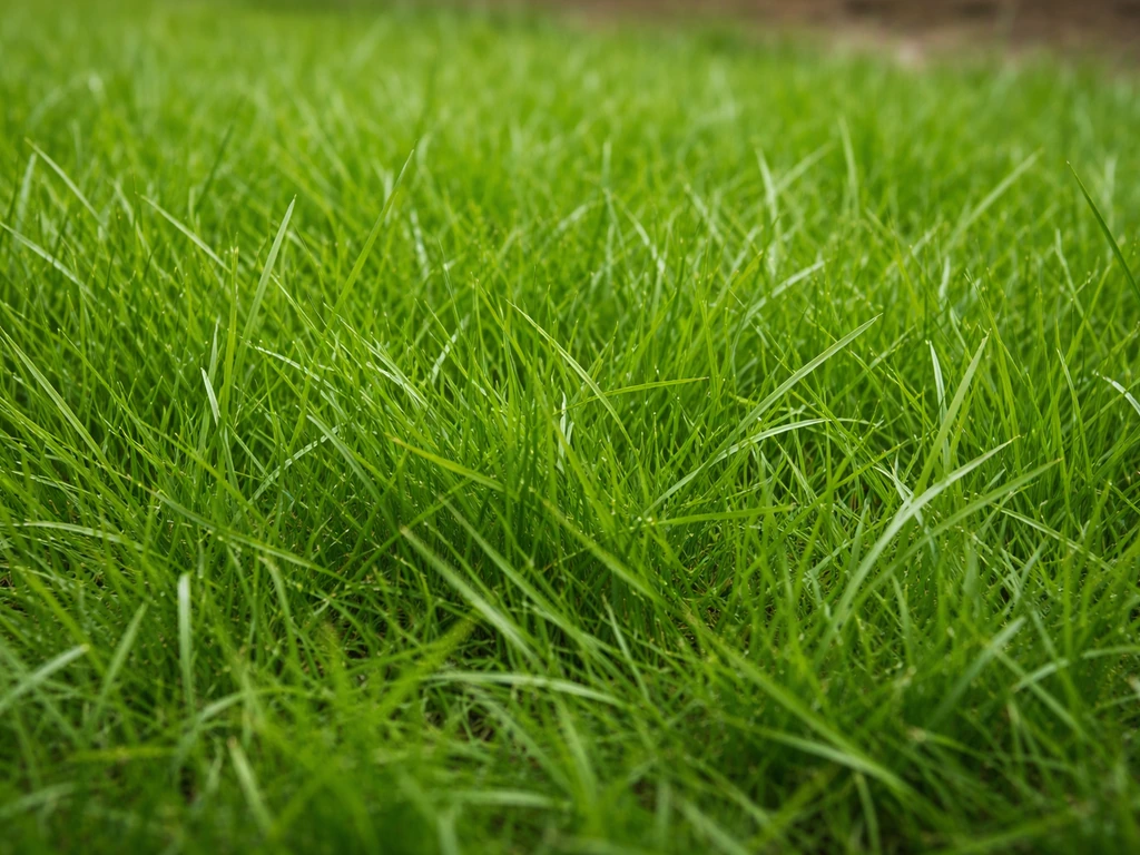 Gros plan sur le feuillage dense d’un gazon rustique, textures de fétuques et ray-grass en pleine lumière.