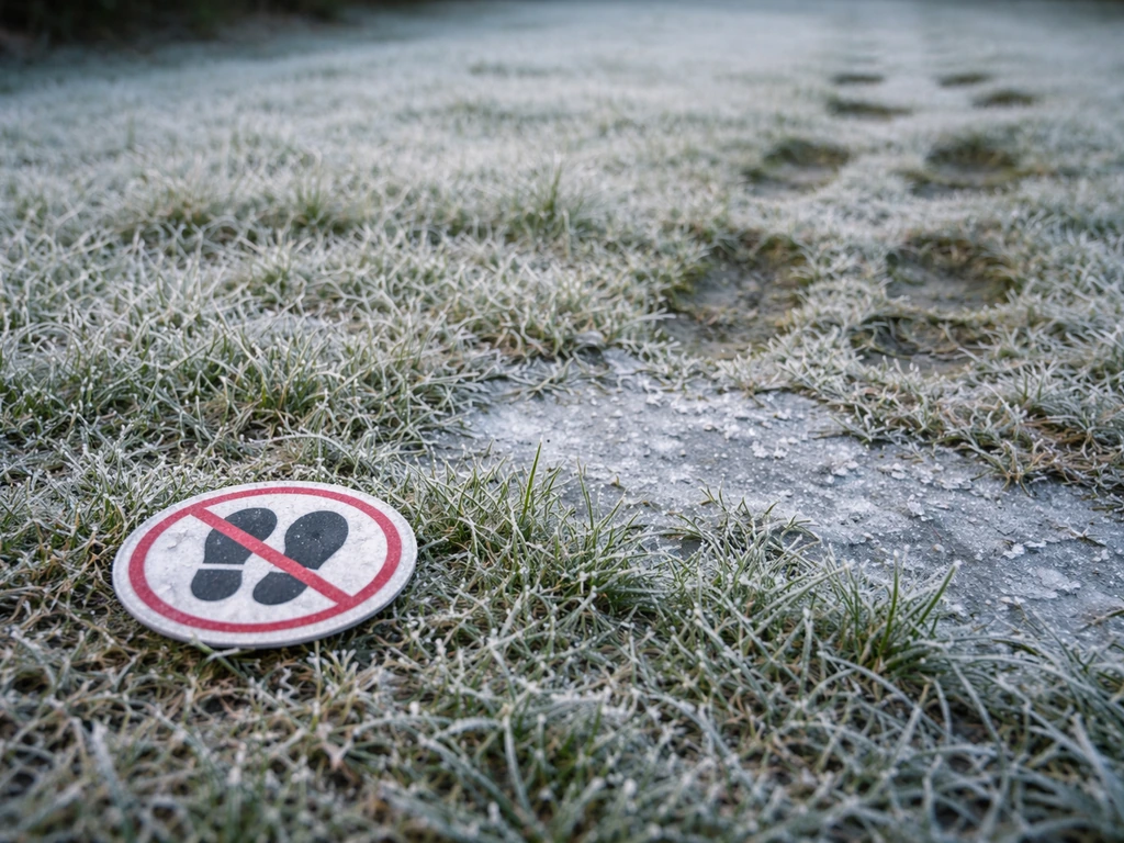 Gazon couvert de givre, brève signalisation de ne pas marcher, puis traces après dégel au même endroit.