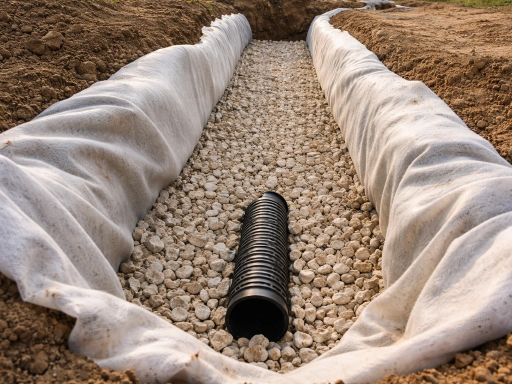 Tranchée drainante ouverte avec géotextile et matériaux perméables, évacuation visible sur un chantier de drainage.