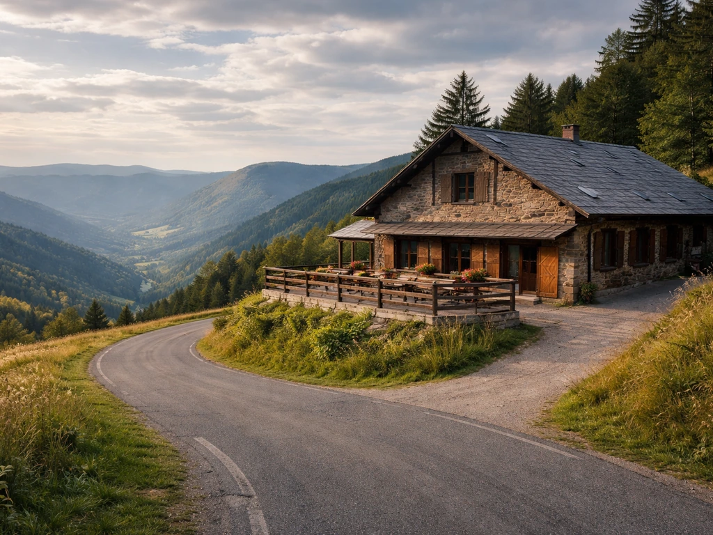 Vue panoramique sur l’auberge du Gazon du Faing sur la route des crêtes, montagnes et lumière de fin d’après-midi.