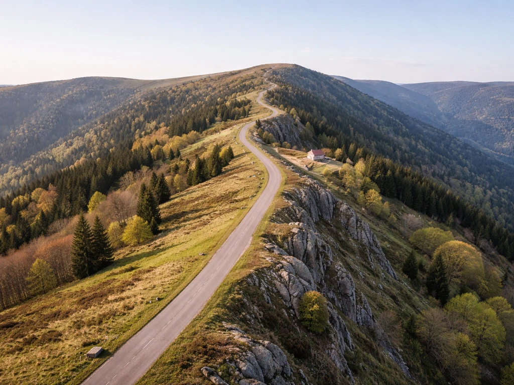 Auberge du Gazon du Faing : vue aérienne minimaliste de la route des crêtes près de Le Valtin