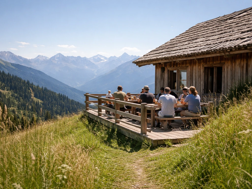 Bâtiment de montagne en été, terrasse avec personnes anonymes et chaume vert autour, panorama sur les crêtes.