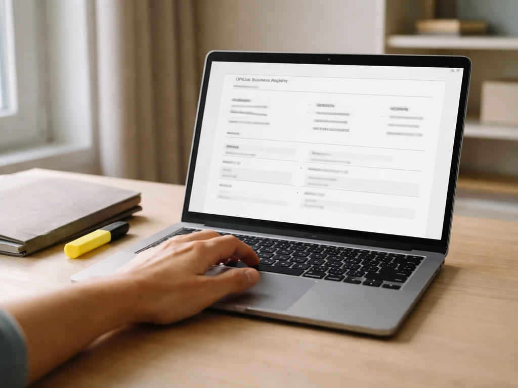 Table de travail avec ordinateur affichant une page de registre des entreprises et un dossier “SIREN 316 883 305”.