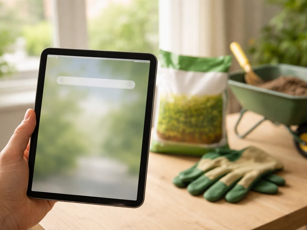 Main tenant une tablette floue, avec sac de graines de pelouse et gants de jardin visibles près d’une fenêtre.