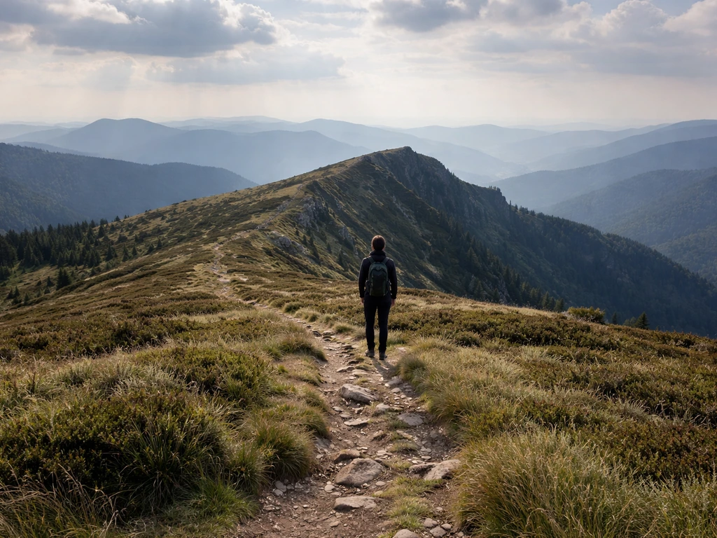Point de vue de randonnée sur la crête du Gazon du Faing, chaume d’altitude des Vosges et cols au loin.