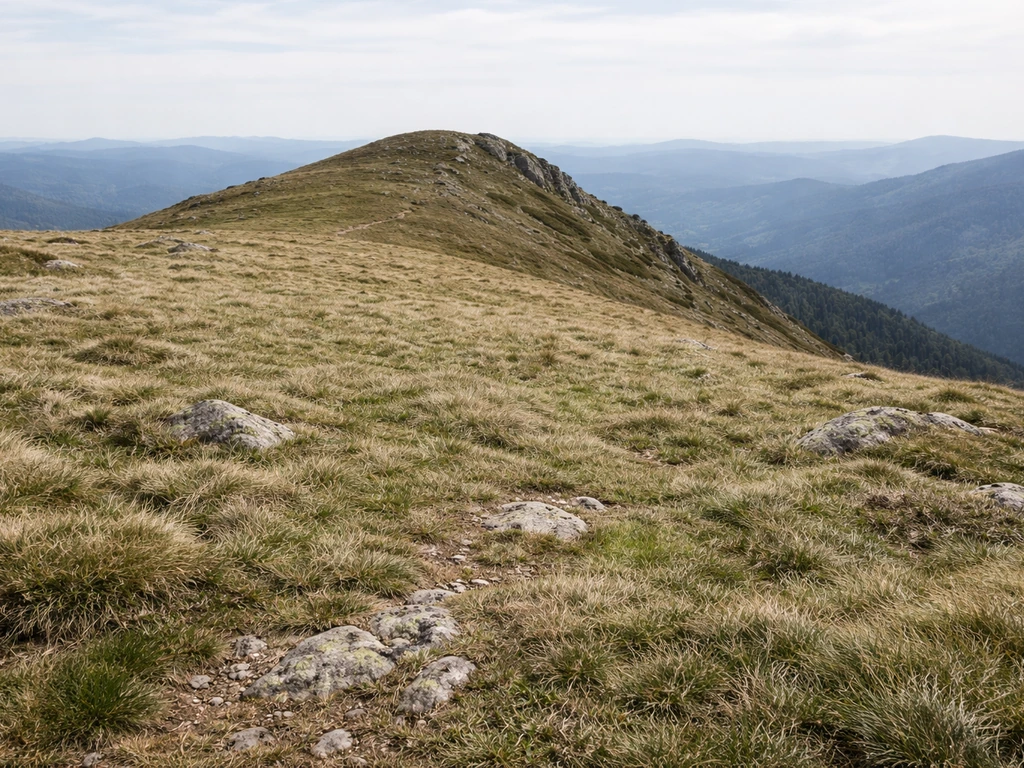 Chaume d’altitude rase des Vosges sur un versant, vue vers la crête, sans personne ni bâtiment.