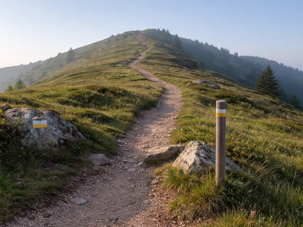 Départ d’un sentier balisé GR 5 depuis le col du Calvaire, avec début de montée sur la crête