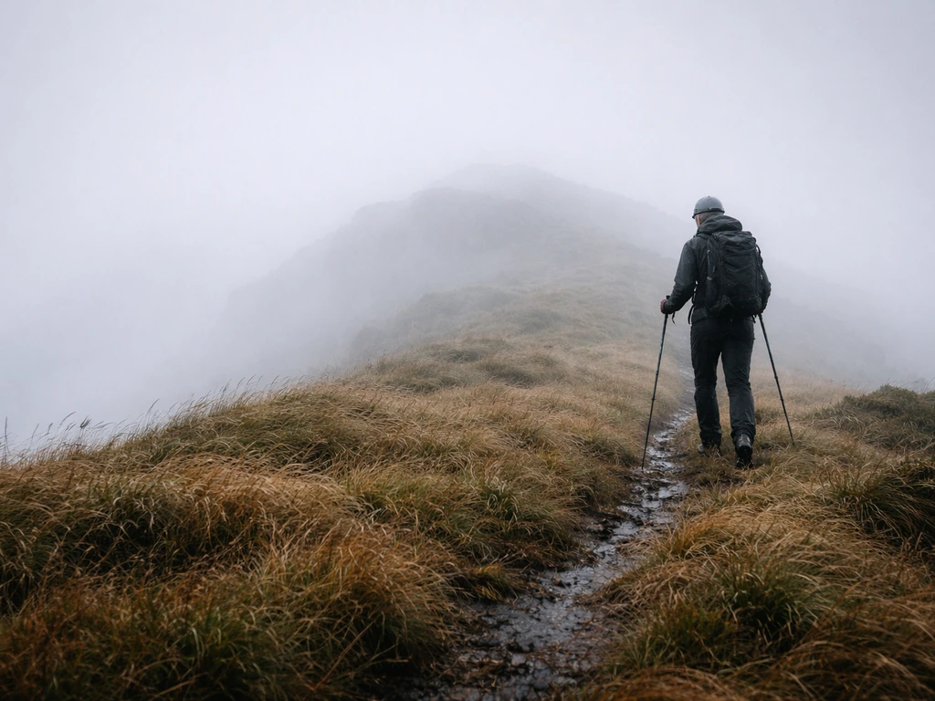 Crête des Vosges par temps humide et venteux, brouillard bas et herbe détrempée, ambiance sécurisée et prudente.