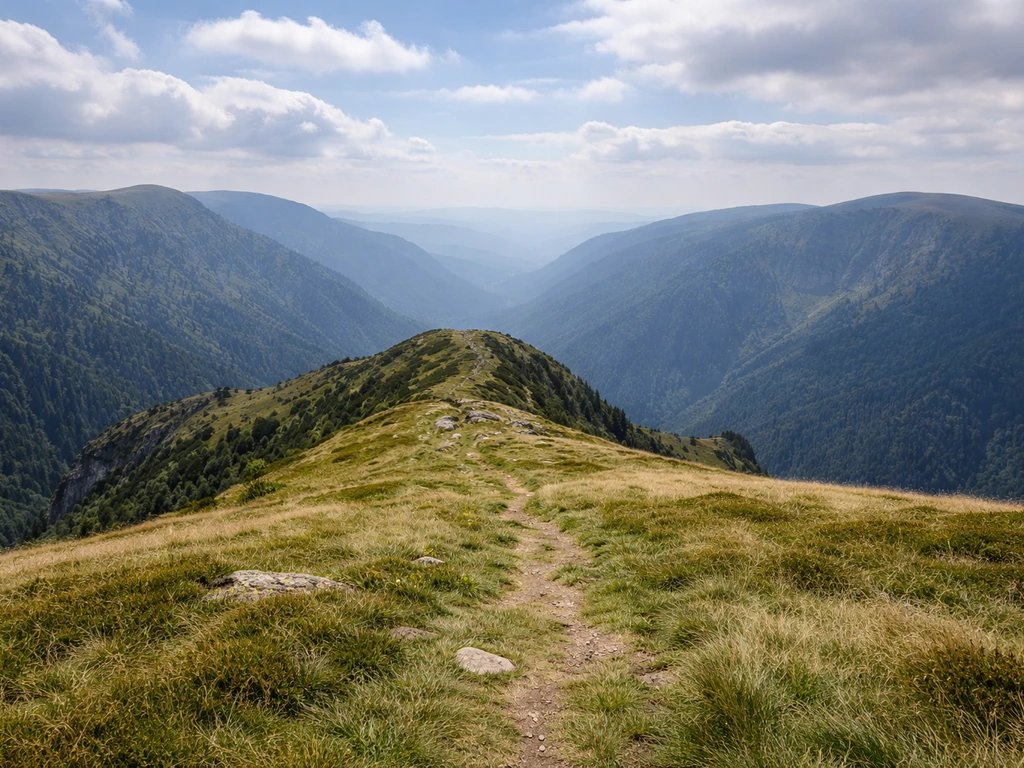 Vue de crête des Vosges montrant le relief du Gazon du Faing et les pelouses alpines au loin.