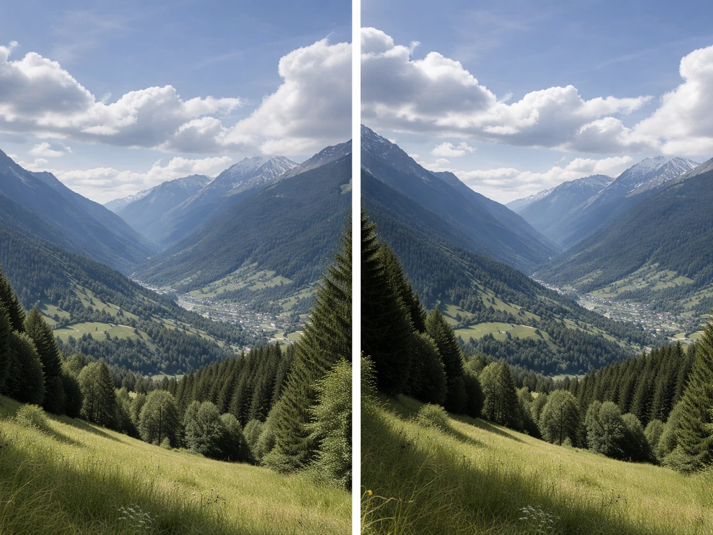 Deux captures côte à côte d’un paysage de montagne, l’une figée et l’autre montrant un léger changement.