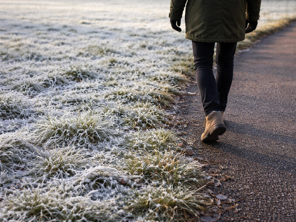 Pelouse gelée avec fine neige, une personne s’arrête au bord et évite de piétiner le gazon.