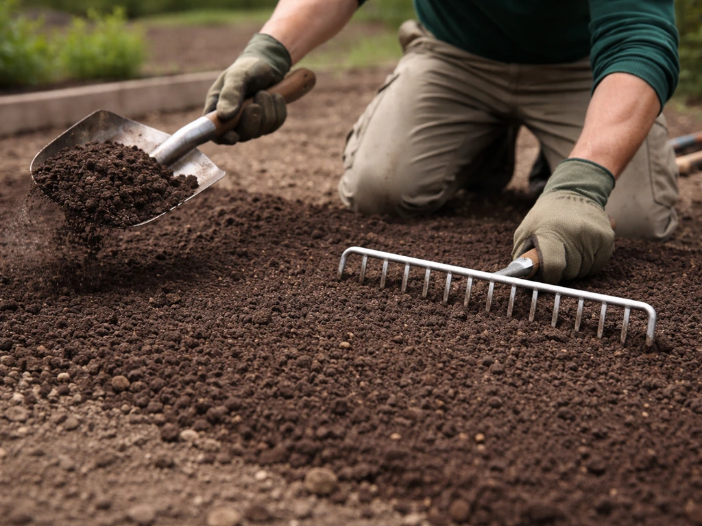 Un jardinier anonyme étale un mélange de terre végétale et compost sur le sol avant de planter.