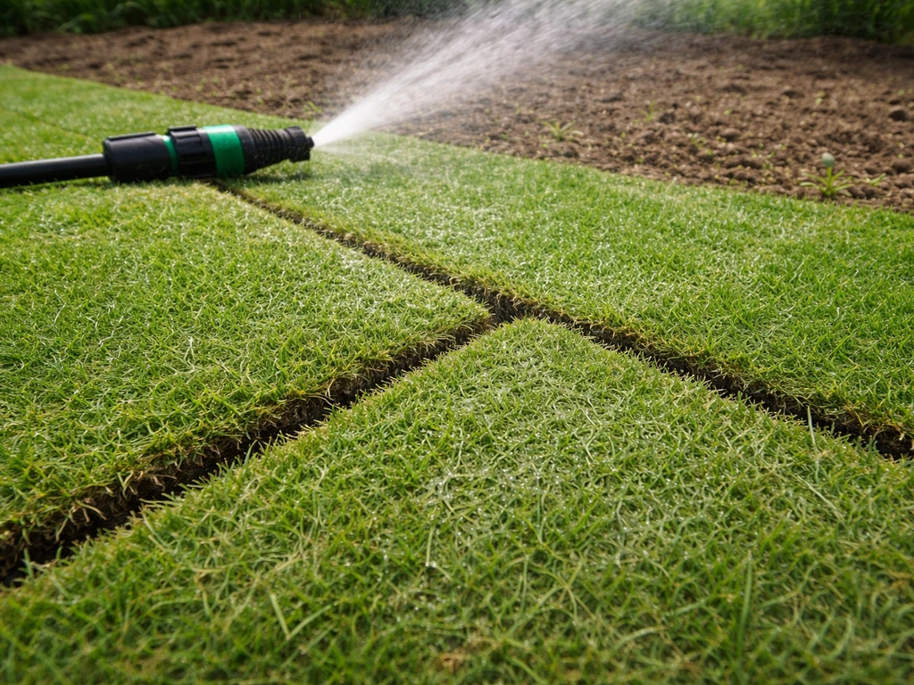 Gazon en rouleau : joints ouverts et plaques rétractées, arrosage intensif avec jet d’eau puissant.