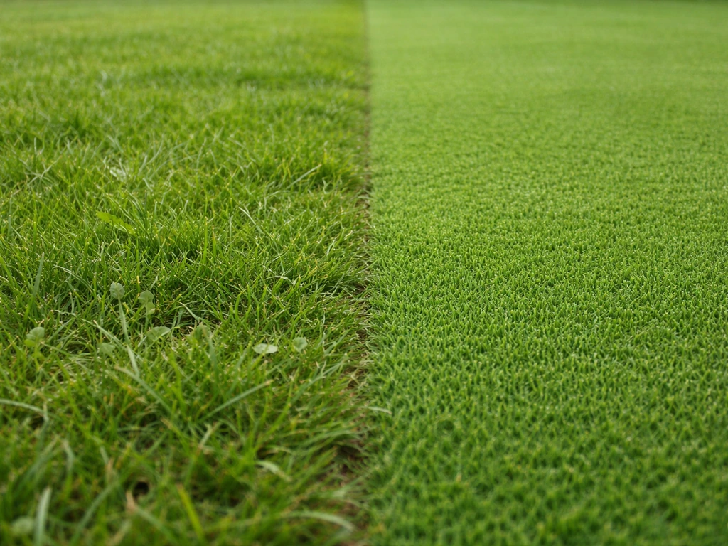Comparaison en gros plan entre une pelouse de jardin ordinaire et un gazon très court et dense façon compétition.