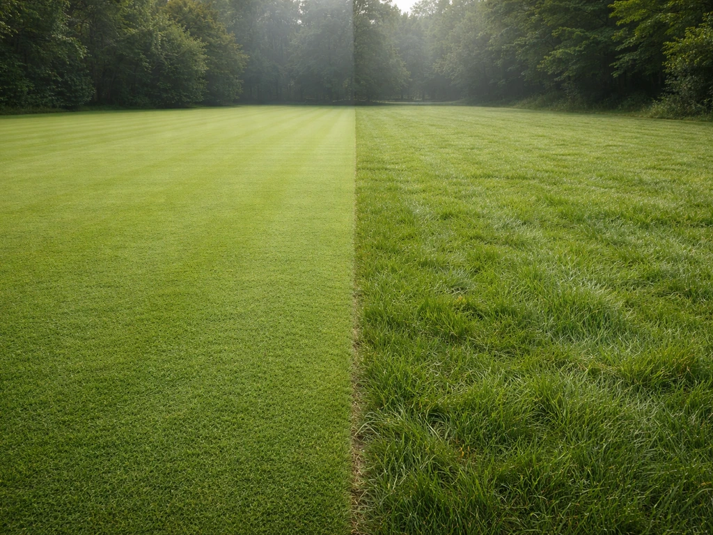Deux courts de tennis sur herbe en vis-à-vis : côté Wimbledon plus fin et homogène, côté US plus irrégulier et naturel.