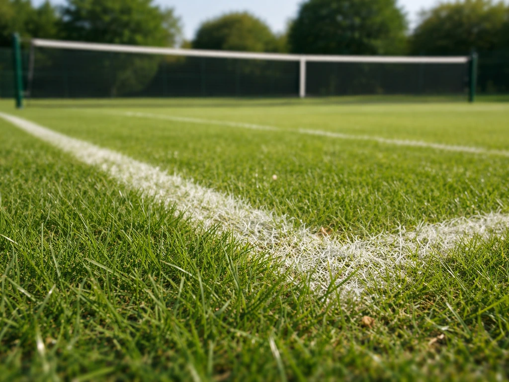 Court de tennis sur gazon naturel en France, vue rapprochée du gazon, ambiance extérieure calme