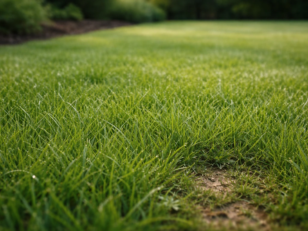 Gros plan d’herbe de gazon dense au bord d’une pelouse, texture visible après un passage de marche.