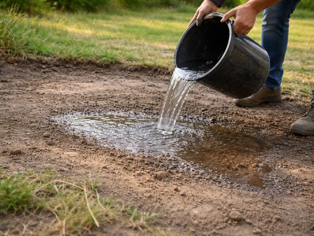 Mains anonymes versant de l’eau sur le sol du jardin pour vérifier le drainage, flaque visible ou écoulement.