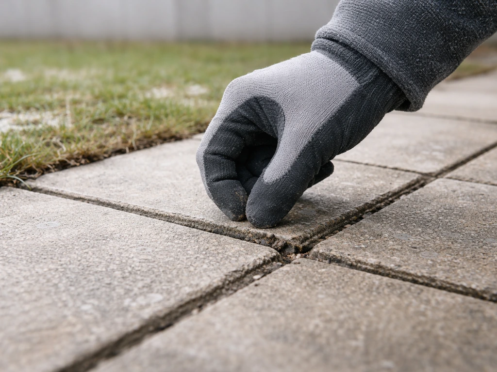 Main gantée vérifiant des joints de dalles extérieures après gel-dégel, avec gazon humide à côté.