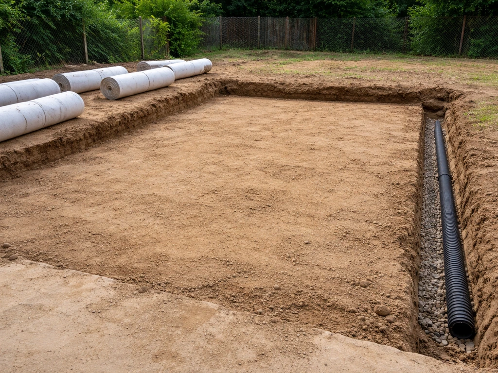 Terrassement pour une future terrasse : décaissement propre, sol nivelé et fondations en préparation, vue proche.