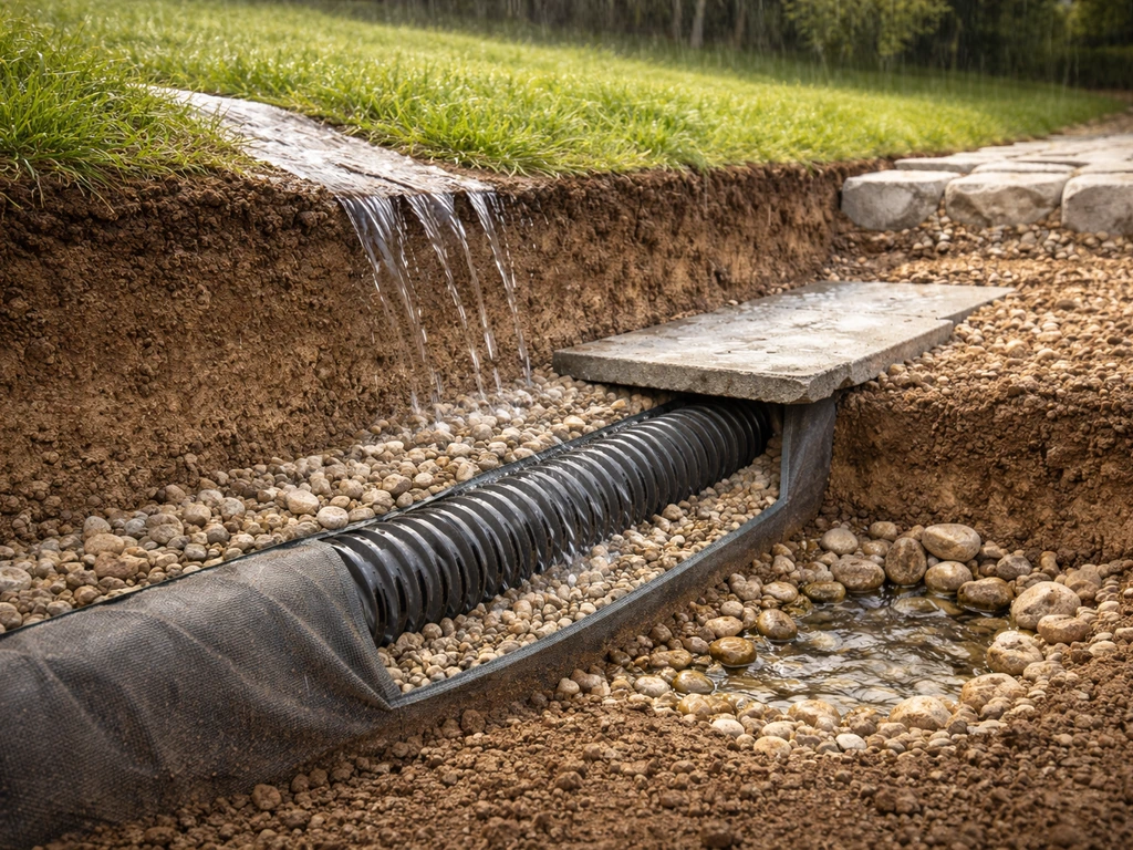 Coupe réaliste montrant une pente légère de 1 à 2 % et l’eau dirigée vers un drain et une zone d’infiltration.