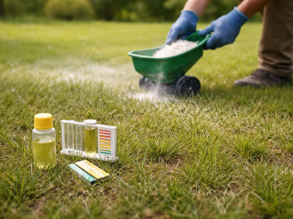 Pelouse verte avec un kit de test du pH du sol et un épandage de chaux sur gazon, vue d’ensemble