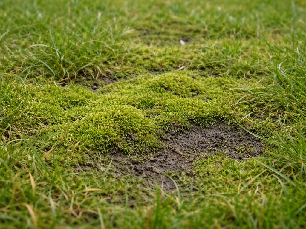 Mousse épaisse dans une pelouse, sol sombre et humide suggérant un gazon trop acide.