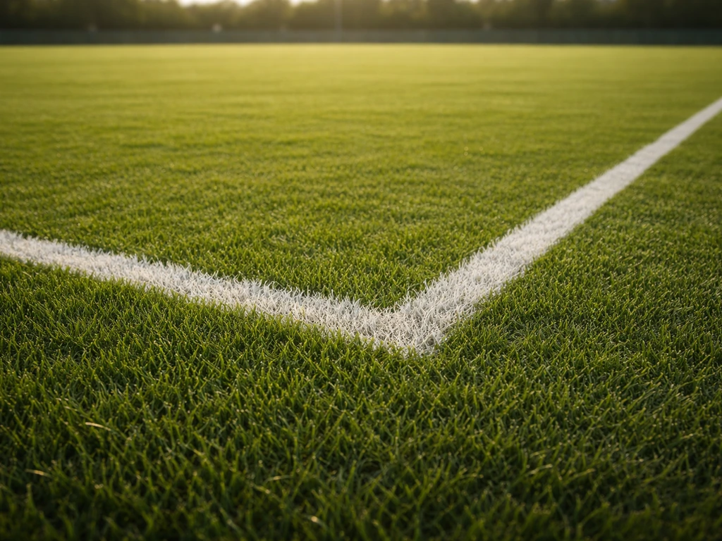 Terrain de football en gazon naturel bien entretenu, lignes blanches nettes et texture visible.
