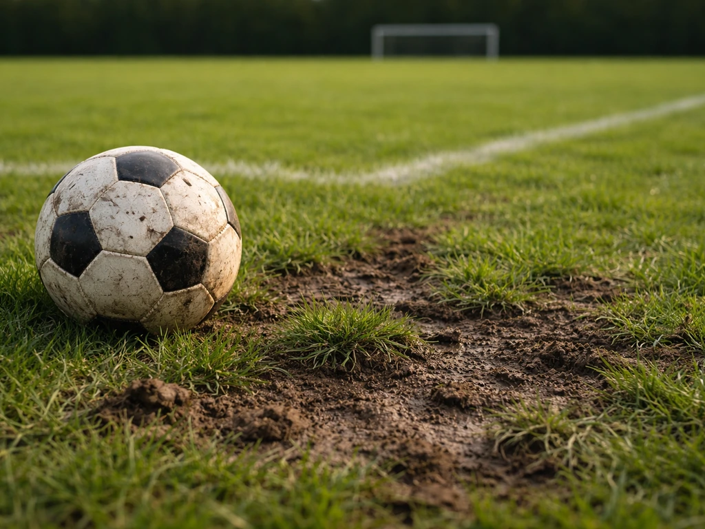 Pelouse de terrain de football piétinée, brins d’herbe écrasés, ballon à côté sur sol humide.