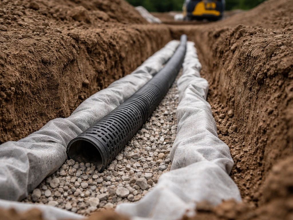 Tranchée de drainage avec tuyau perforé et géocomposite drainant sur sol mis à nu, chantier minimal.