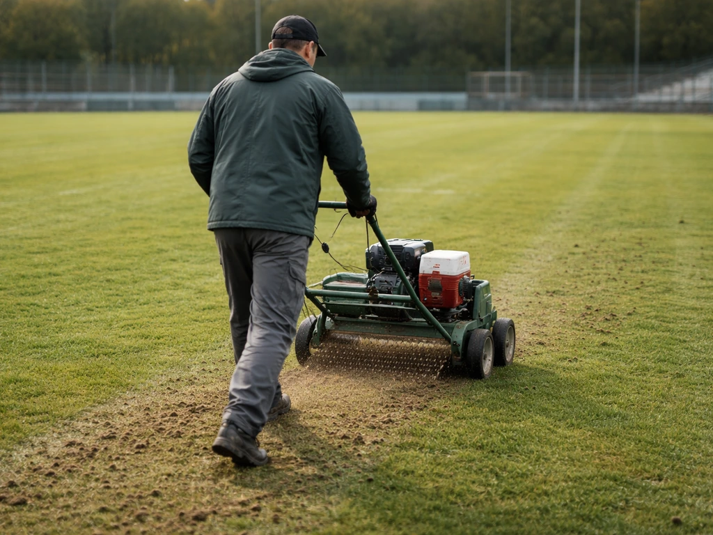 Technicien au travail sur un terrain de football, utilisant une machine pour aérer et défeutrer la pelouse.