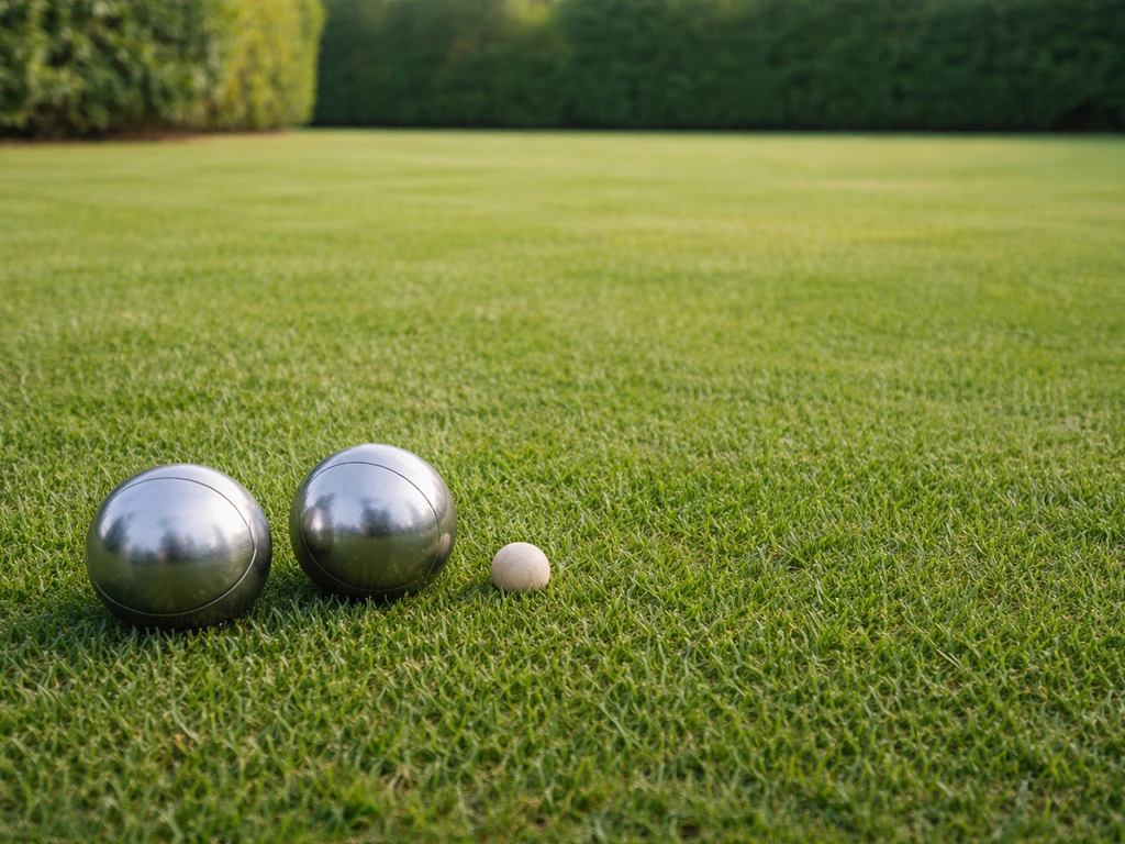Pelouse courte et dense pour la petanque sur gazon, avec des boules de pétanque sur l’herbe.