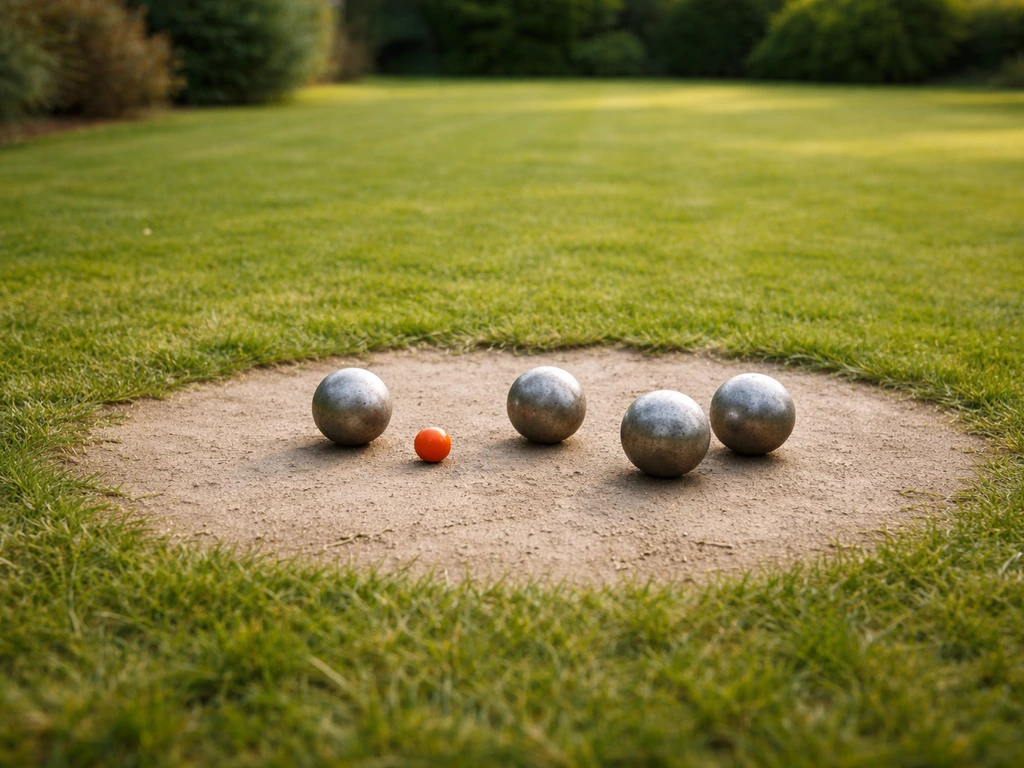 Terrain de pétanque sur pelouse, boules au repos et surface plane, herbe courte et sol bien affermi.