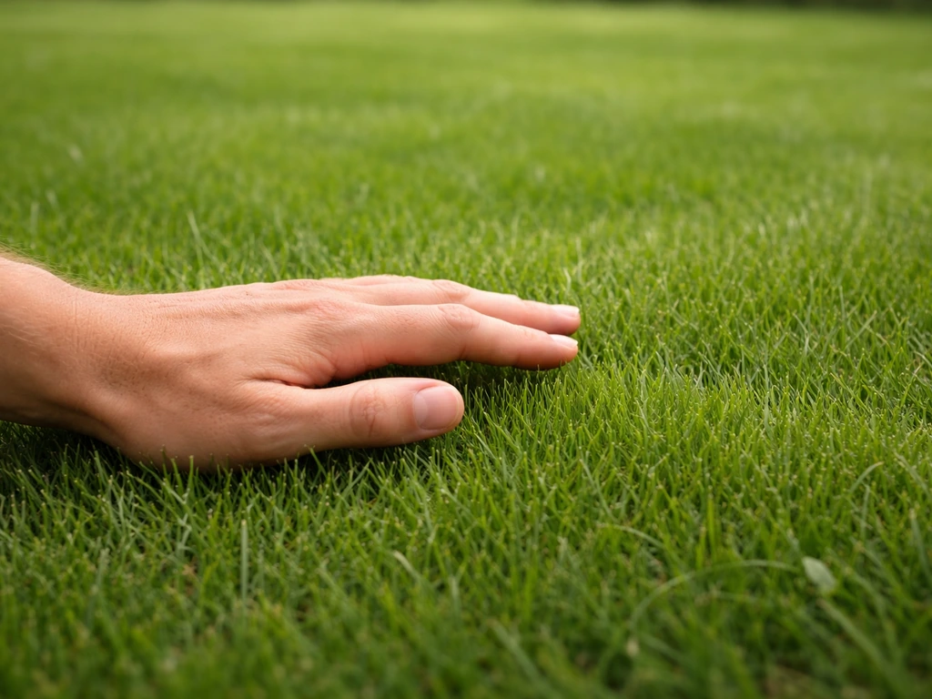 Une main passe au ras de l’herbe pour vérifier le niveau de la pelouse sur un sol tondue.