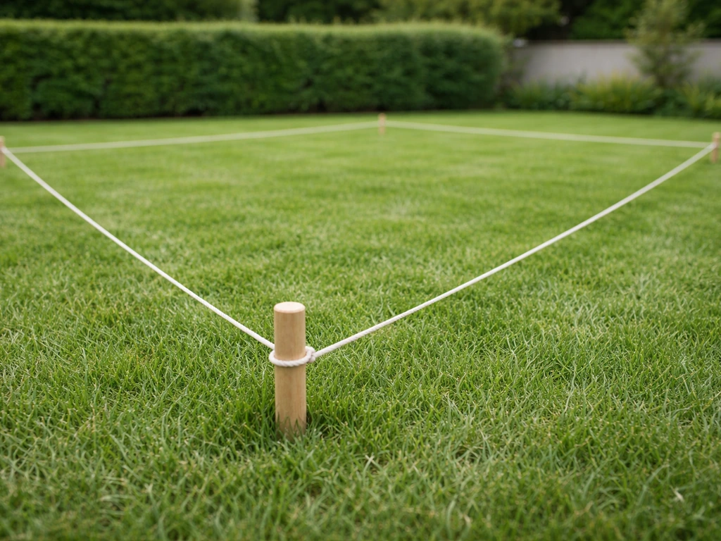 Pelouse verte en jardin, une zone de jeu délimitée par des piquets et une cordelette, sans personne.
