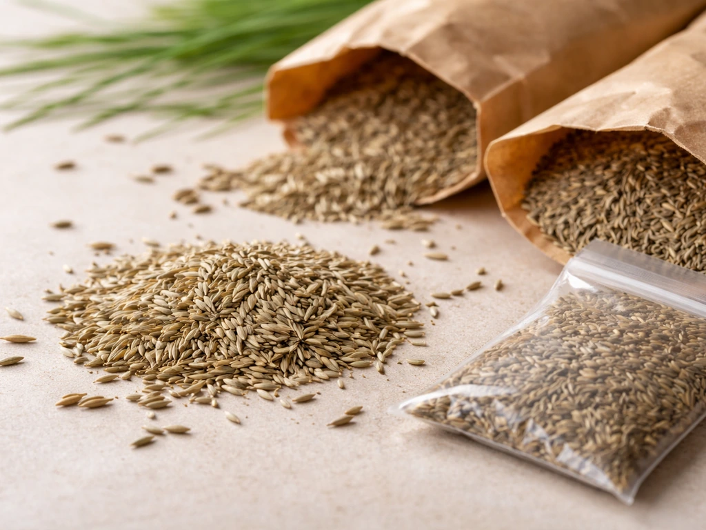 Gros plan de semences de ray-grass vivace, avec un mélange de gazon en sachets, éclairage naturel.