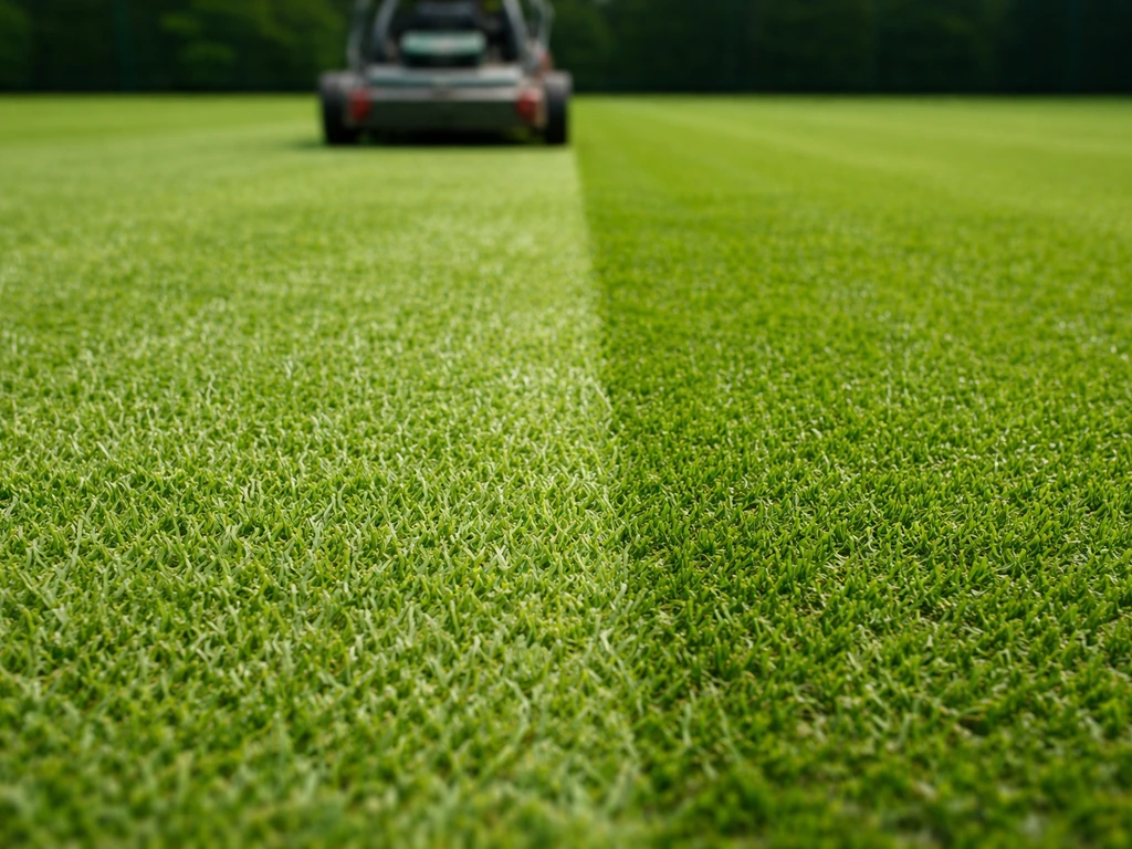 Tonte très ras d’un gazon tennistique, vue proche du passage de coupe et de la hauteur maîtrisée