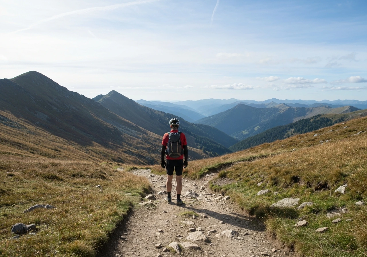 Point de vue depuis une crête des Vosges avec un sentier vers un col, suggérant l’accès au Gazon du Faing.