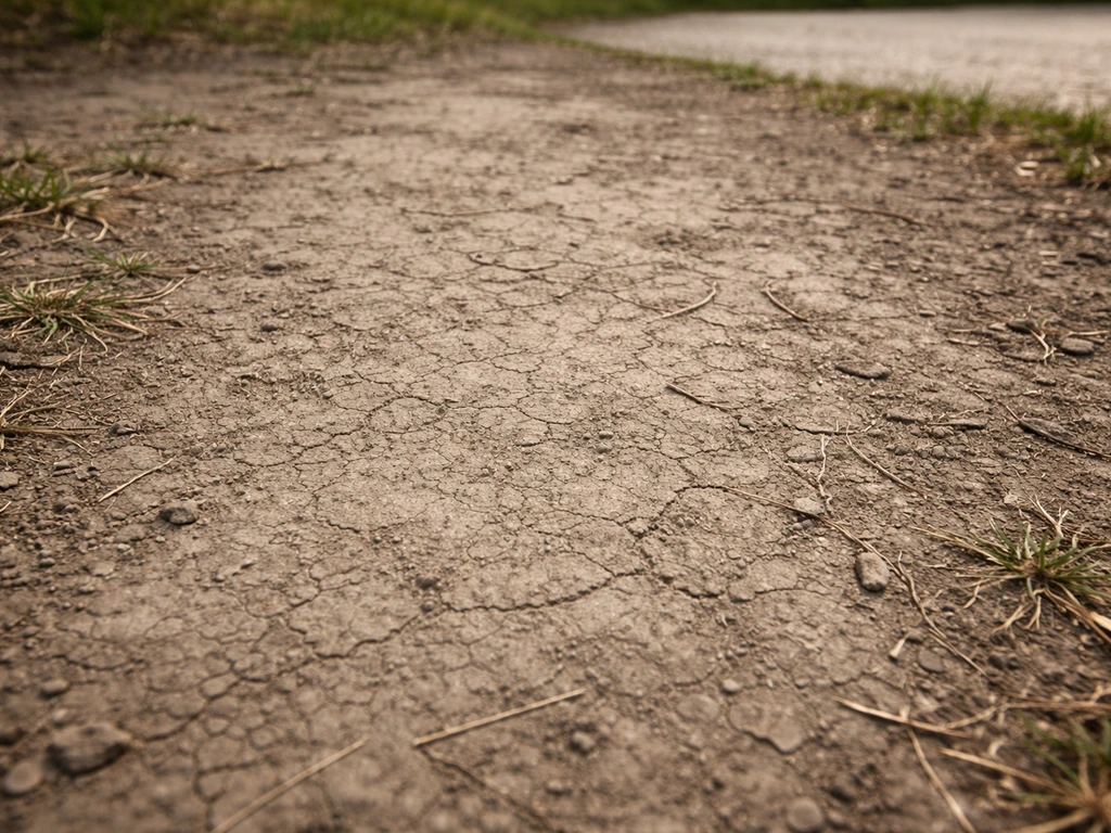 Sol de pelouse compacté et piétiné, terre dure et croûte de compactage montrant la cause des zones nues.