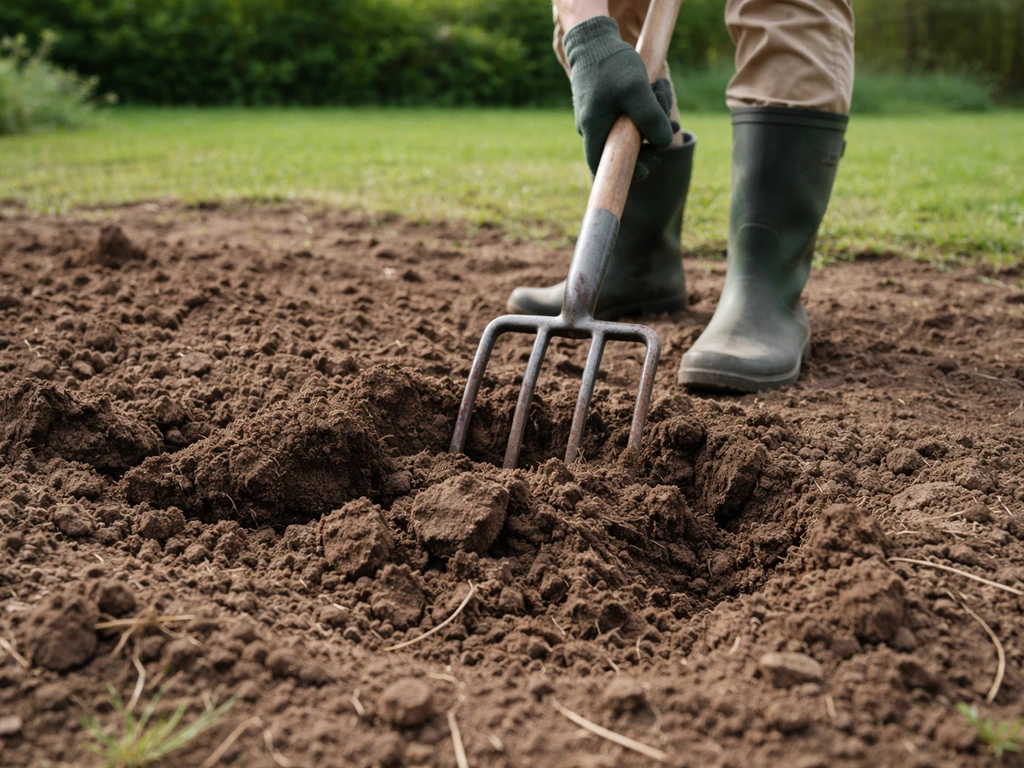 Fourche-bêche en action sur une terre nue, mottes retournées montrant la profondeur du sol
