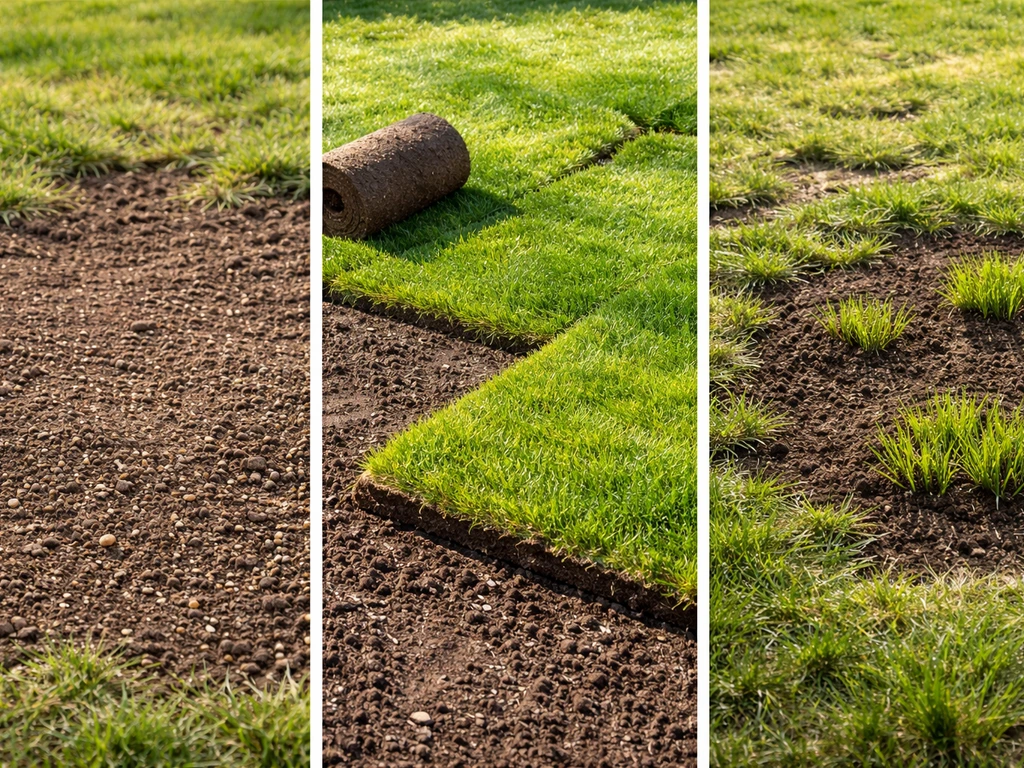 Trois options de remise en gazon visibles : semis, rouleaux posés et regarnissage localisé sur un sol de jardin.